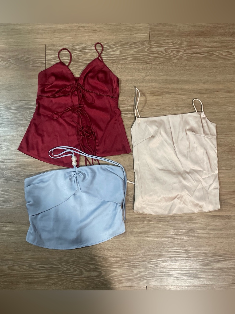Set of 3 Satin Cami Tops — Burgundy, Blush, Light Blue